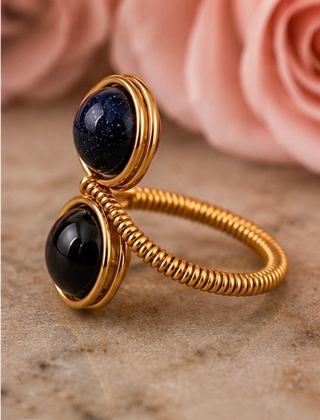 Blue Sandstone & Black Onyx Dual Wrap Ring