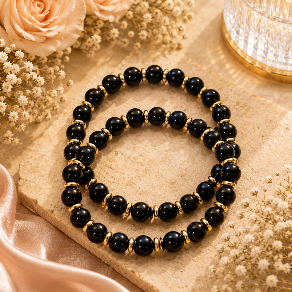 Black Agate Gold Spacer Bracelet