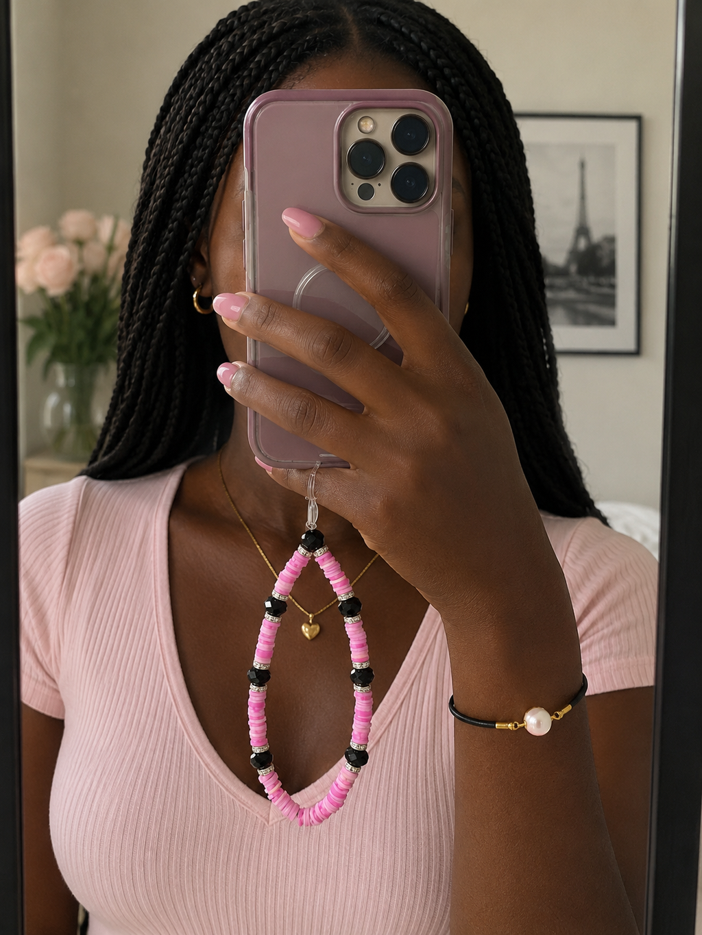 Pink Heishi Phone Charm