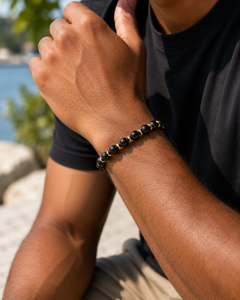Black Agate Gold Spacer Bracelet