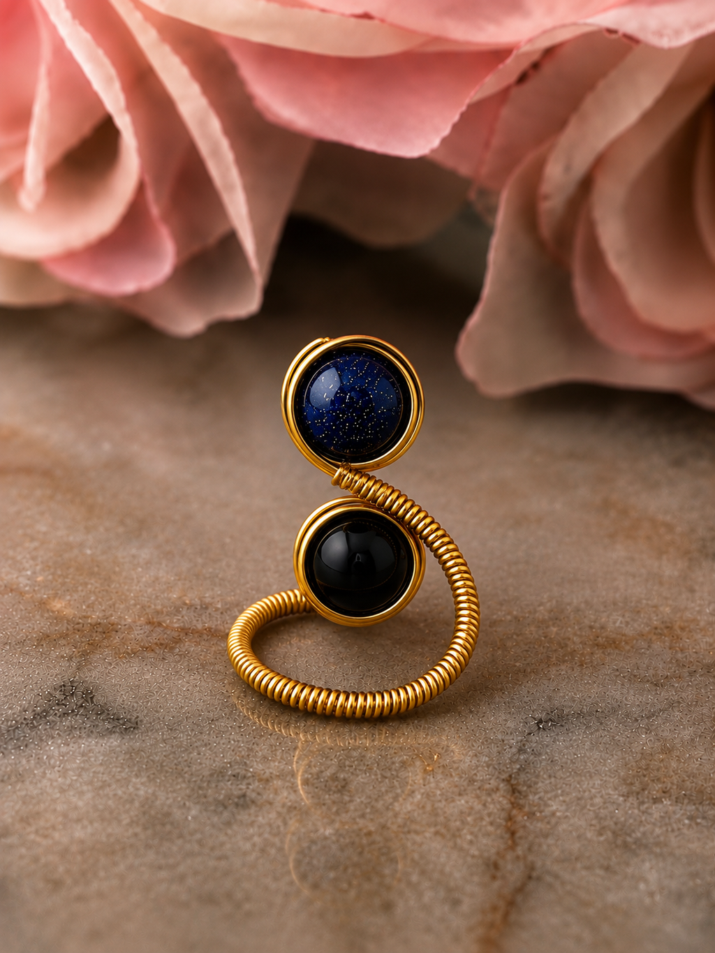 Blue Sandstone & Black Onyx Dual Wrap Ring