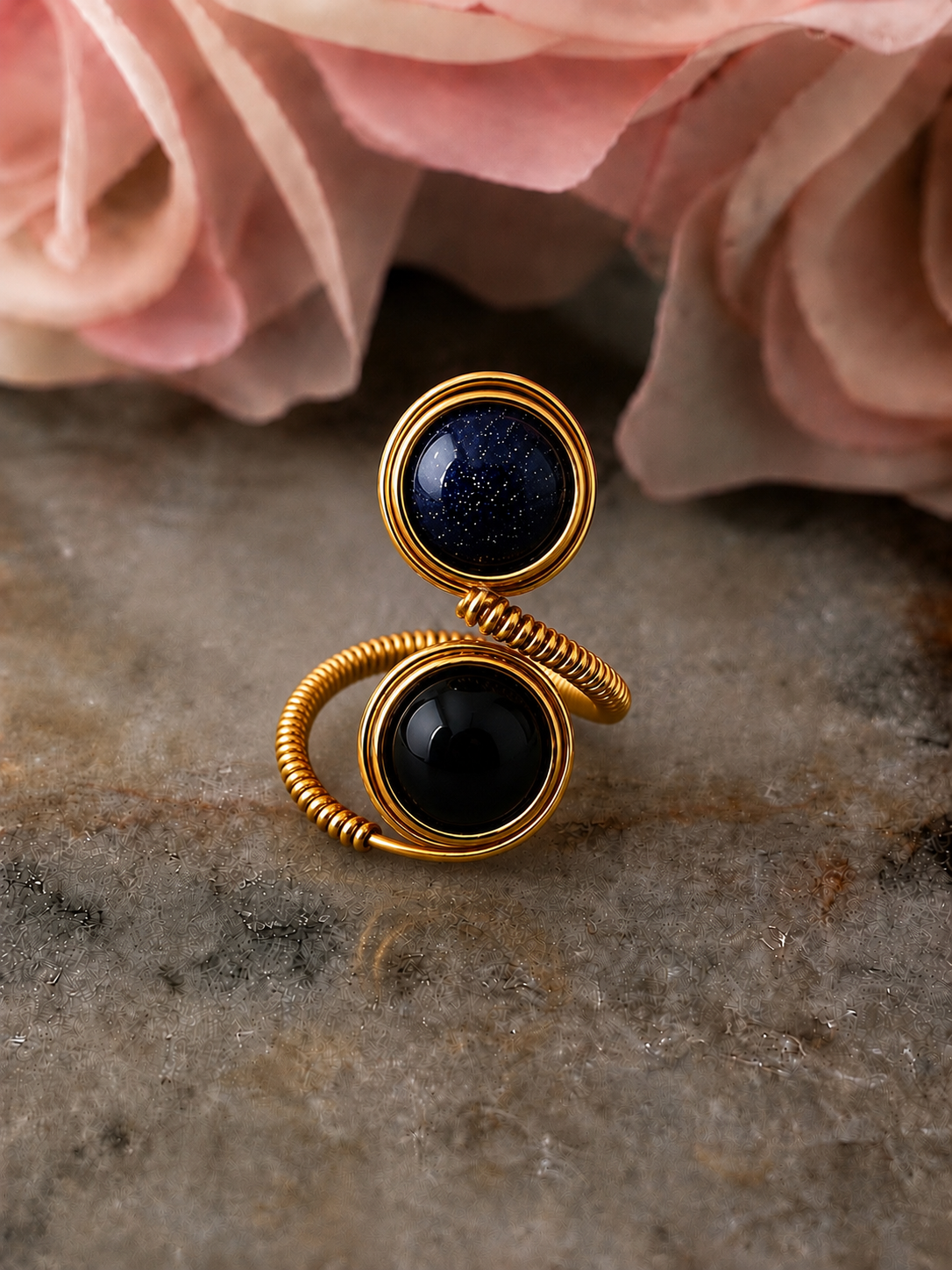 Blue Sandstone & Black Onyx Dual Wrap Ring