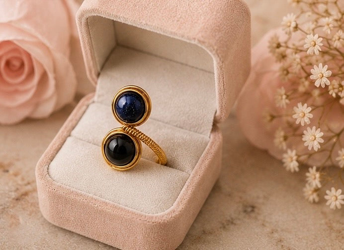 Blue Sandstone & Black Onyx Dual Wrap Ring
