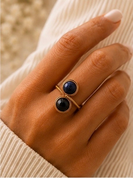 Blue Sandstone & Black Onyx Dual Wrap Ring